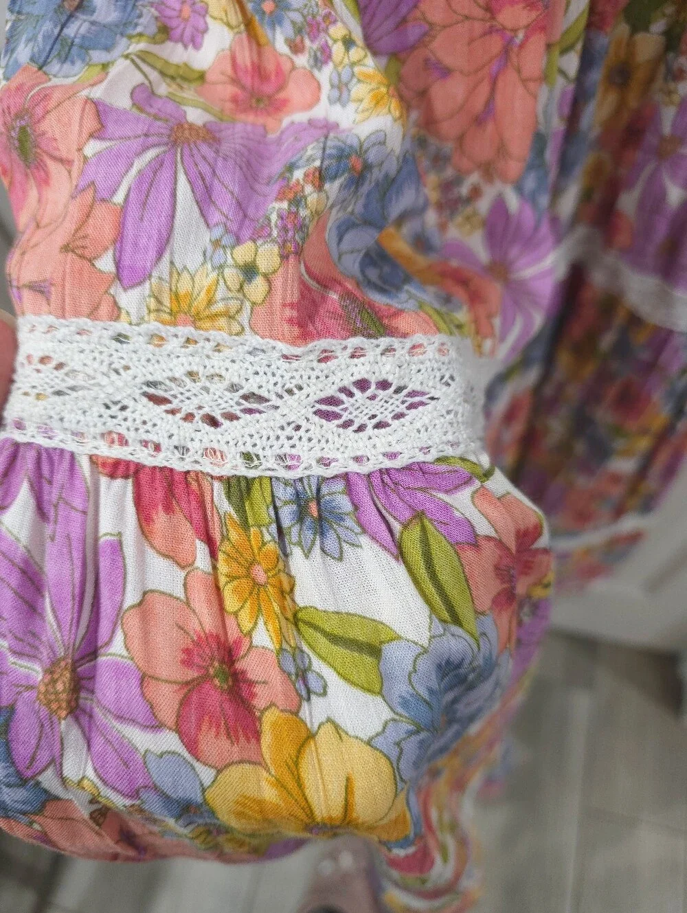 ANGIE Floral Boho Tiered Maxi Dress with Lace Trim & Twist Front, Nwot